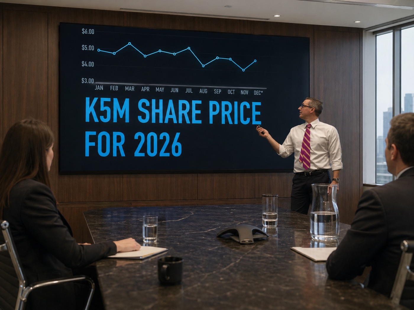 A boardroom presentation. Mike, in a white shirt and tie, points to a screen showing a K5M Share Price line graph for 2026. Two attendees watch from a marble conference table.